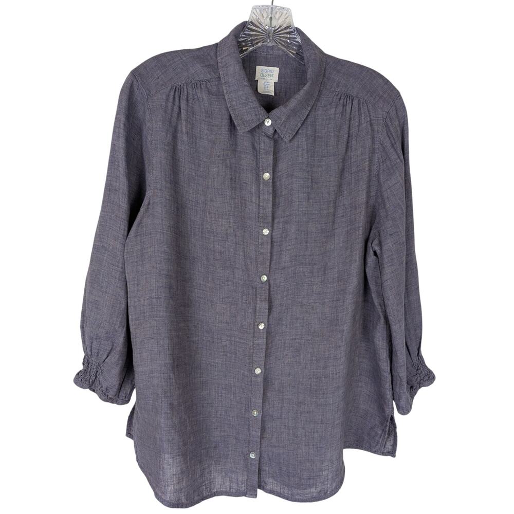 Sigrid Olsen 100% Linen Shirt Smocked Cuffs Gray Chambray TunicSz M Blouse EUC